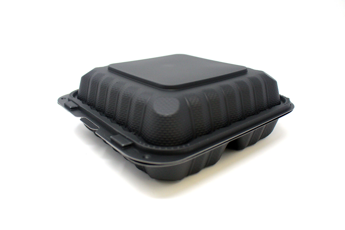 Square Microwaveable Black Plastic Hinged Take-Out Container - 8